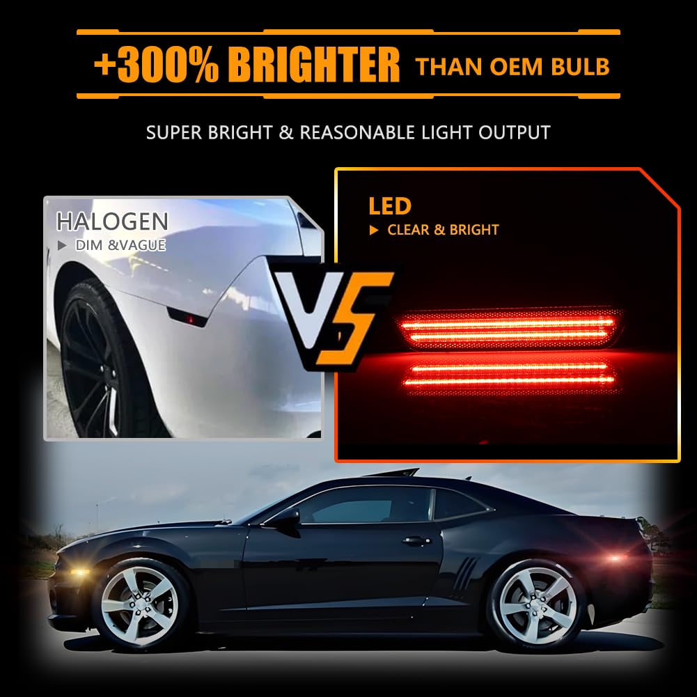 OFFKAT Front & Rear Fender LED Side Marker Lights for Chevy Camaro 2010-2015, 5th Gen Camaro Smoked Lens Side Bumper Marker Lamps, [Ultra-Bright] Amber & Red LED Side Markers Turn Signal Lights, 4 PCS