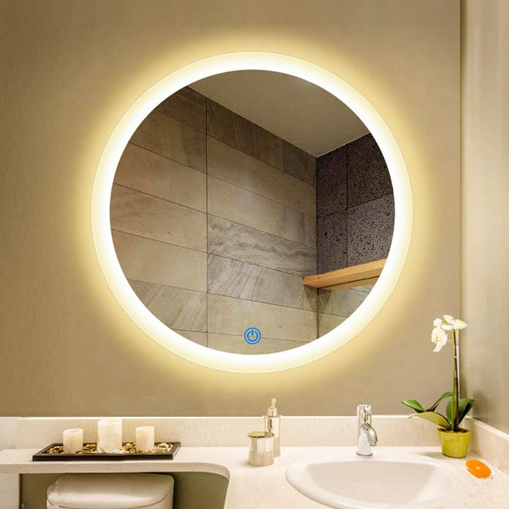 Amazon｜モダンなタッチイルミネーションミラー、丸いLED照明付き防曇ミラー、バスルームフレームレスバニティミラー、白色光、暖かい光