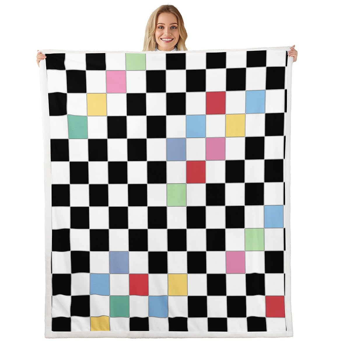 Erosebridal Black White Checkered Kids Fleece Bed Blanket Throw 50"X60" Colorful Checkerboard Grid Throw Blanket Funky Plaid Sherpa Blanket for Boys Girls Groovy Gingham Fuzzy Blanket for Couch