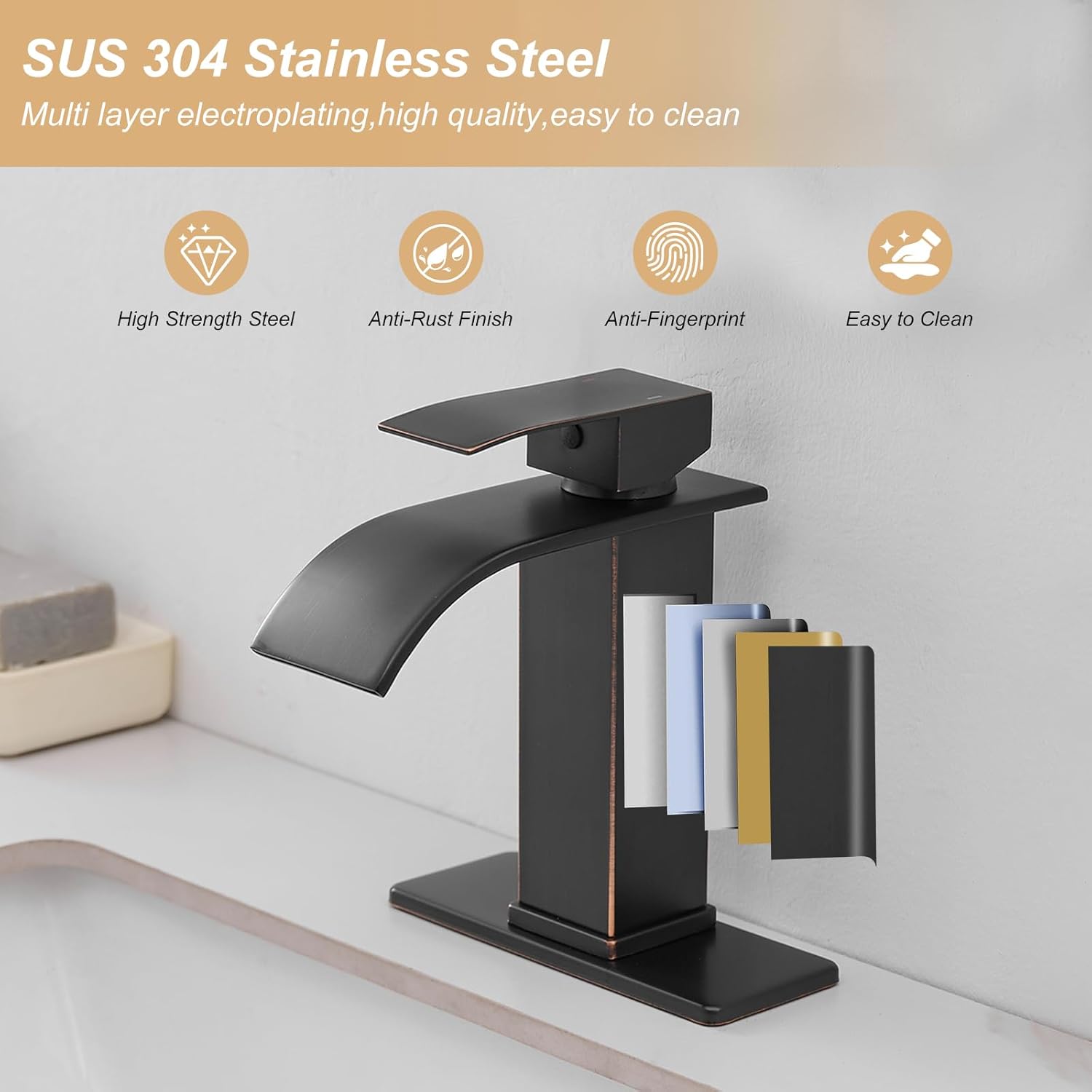 Oil Rubbed Bronze Waterfall Bathroom Faucet, Single Hole Bathroom Sink Faucet, Single Handle Modern Lavatory Vanity with Pop Up Drain Parts Deck Mount Mixer Tap Commercial
