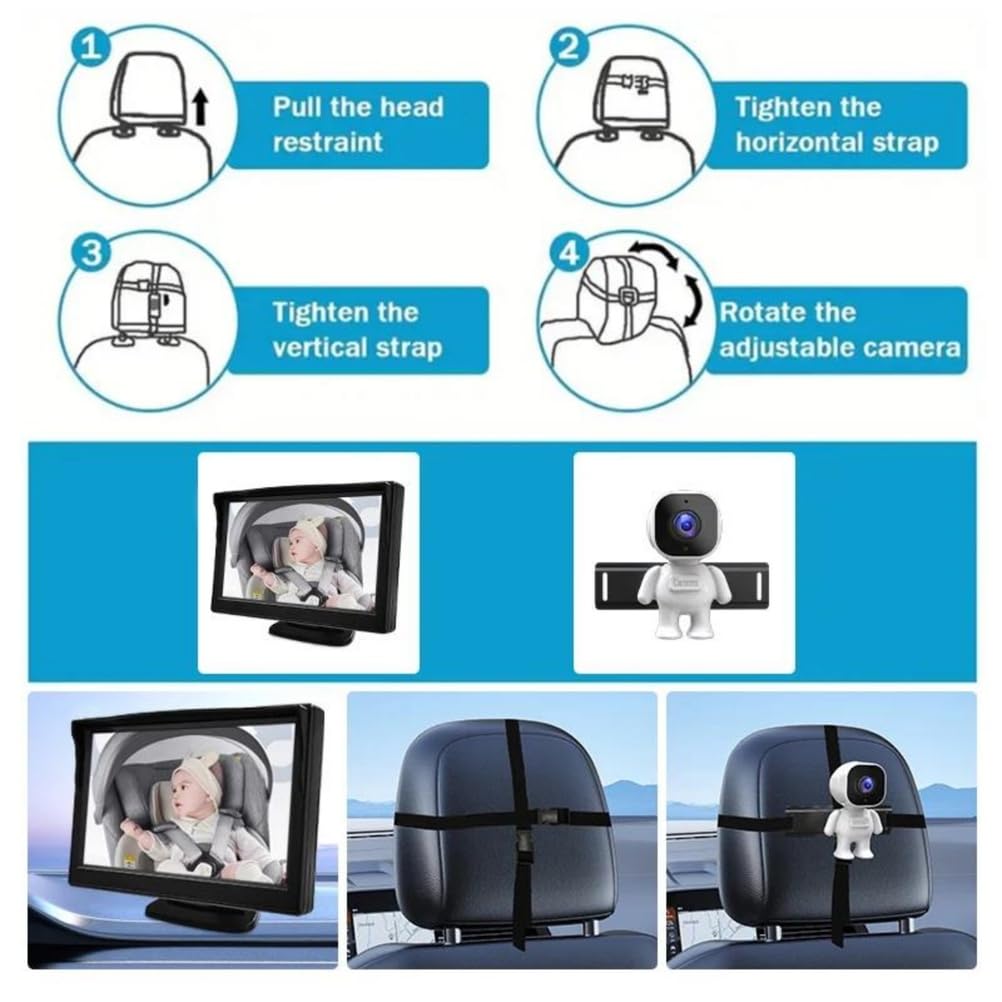 Monitor de bebé montado en el Coche Pantalla de 5 Pulgadas para bebé en el Coche con cámara de visión Nocturna para Asiento Trasero Vista hacia atrás de Infantes, niños pequeños