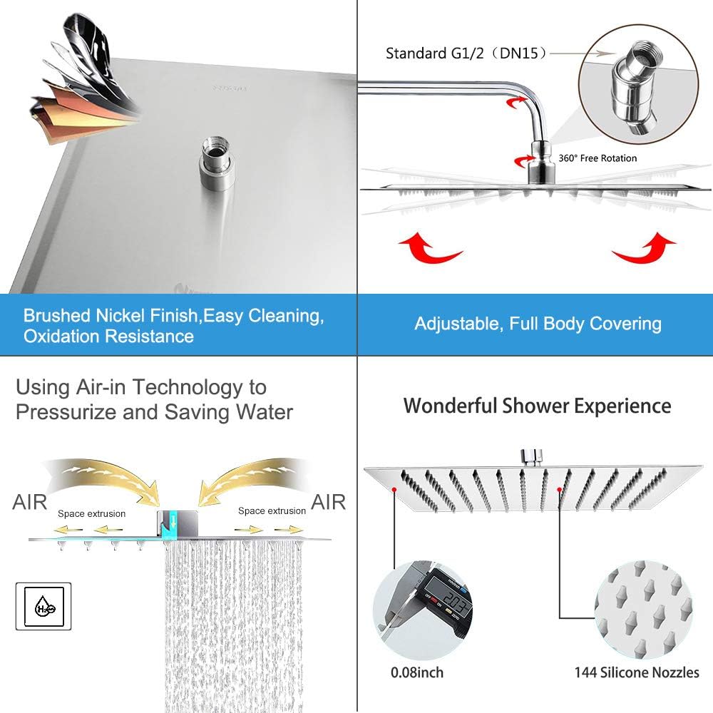 NearMoon Square Rain Shower Head With Extension Arm, Large Stainless Steel Rainfall Shower-Waterfall Full Body Coverage (12 Inch, Nickel)