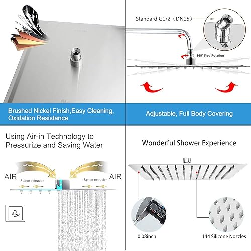 Miniatura 5 de NearMoon - Cabezal de ducha de lluvia con brazo de extensión, cabezal de ducha cuadrado grande, de acero inoxidable, cobertura de cuerpo completo