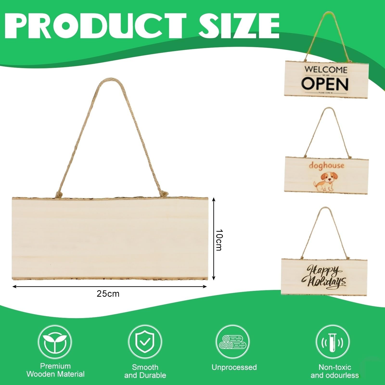 Pack de 4 Cartel Madera Colgante de Boj Macizo 25x10x1cm Letreros de Madera sin Terminar Placas para Manualidades Pirograbado y Grabar a Láser para Bodas, Jardines y Decoración Navidad
