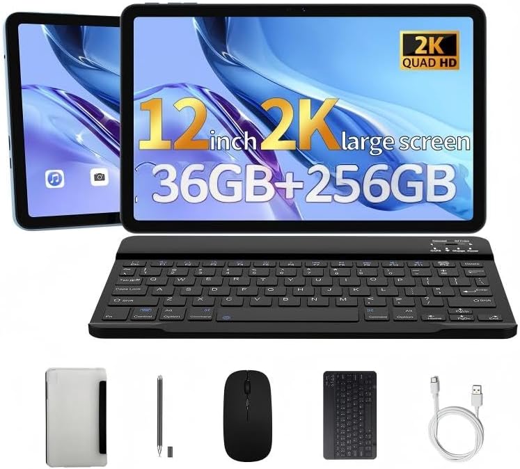 redbeat 12-inch Android Tablet, 2K Display, 36(12+24) GB+256GB Storage, 8000mAh Battery, USB-C Fast Charging, Wireless Keyboard and Mouse Bundle