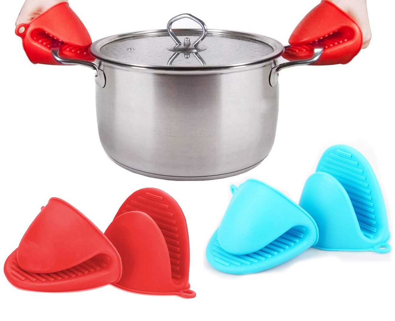 Mini Oven Gloves, Silicone Oven Mitts, Silicone Heat Resistant Cooking Pinch Mitts Potholder Pinch Mitts Pot Holders, DELFINO for Kitchen Cooking and Baking 2 Pairs (Red and Blue)