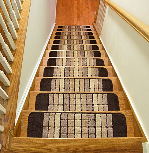 Millenium Stair Tread Treads Indoor Skid Slip Resistant Carpet Stair Tread Treads Geometric Design Machine Washable 8 ½ inch x 30 inch (Set of 13, Squares Brown)