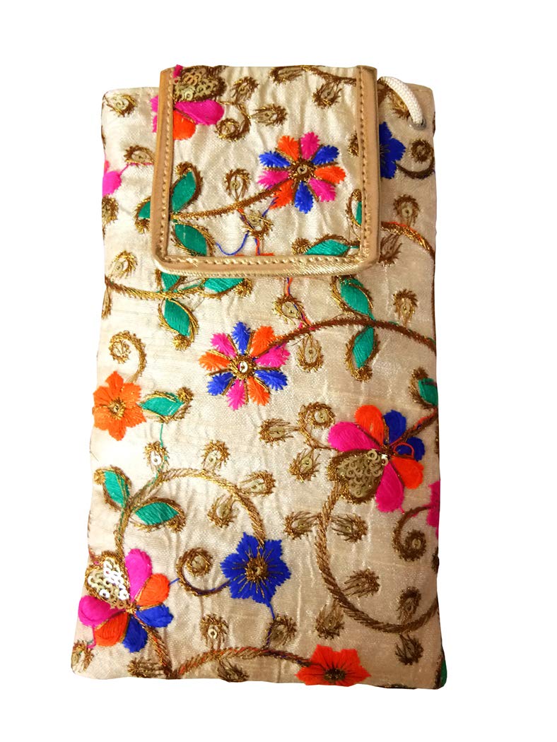 Avanti Creation Multicolor Floral Ethnic Embroidered Mobile Pouch Cover Purse Wallet with Waist Clip and Sling Belt for Saree