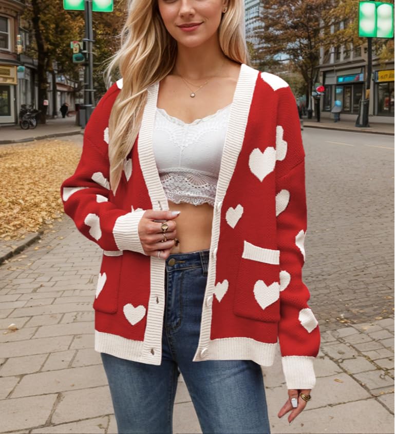 Women Cute Heart Oversized Cardigan Open Front Button Down Love Print Knit Sweater Y2k Kawaii Clothes2