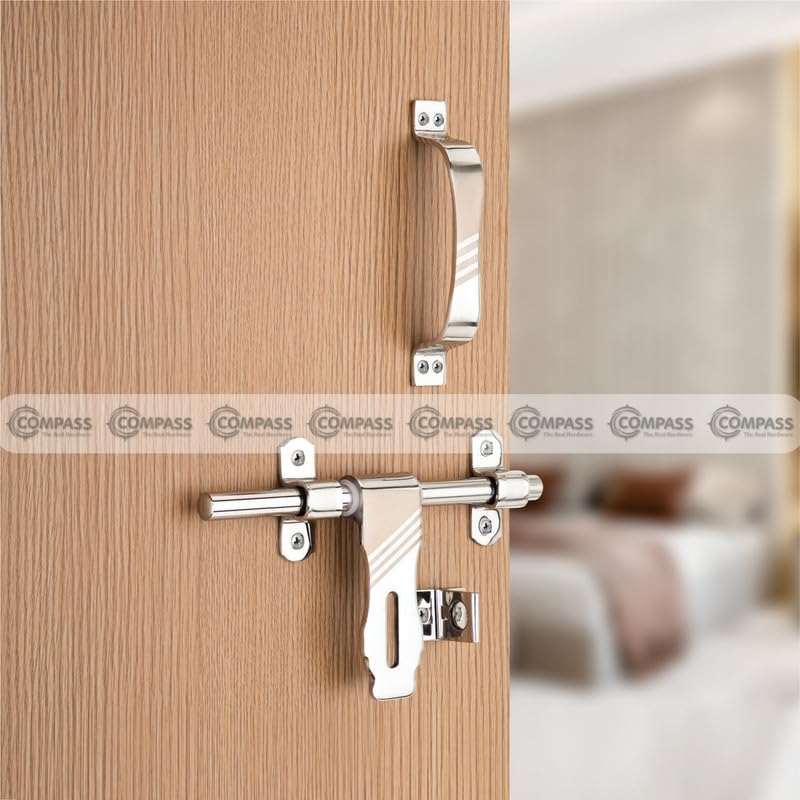 Image of COMPASS Flower Stainless Steel Heavy Single Door Fitting Accessories Full Set /Kit (1 Aldrop, 1 Latch, 2 Handles, 1 Tower Bolt and 1 Door Stopper | 10 inch | SS Finish