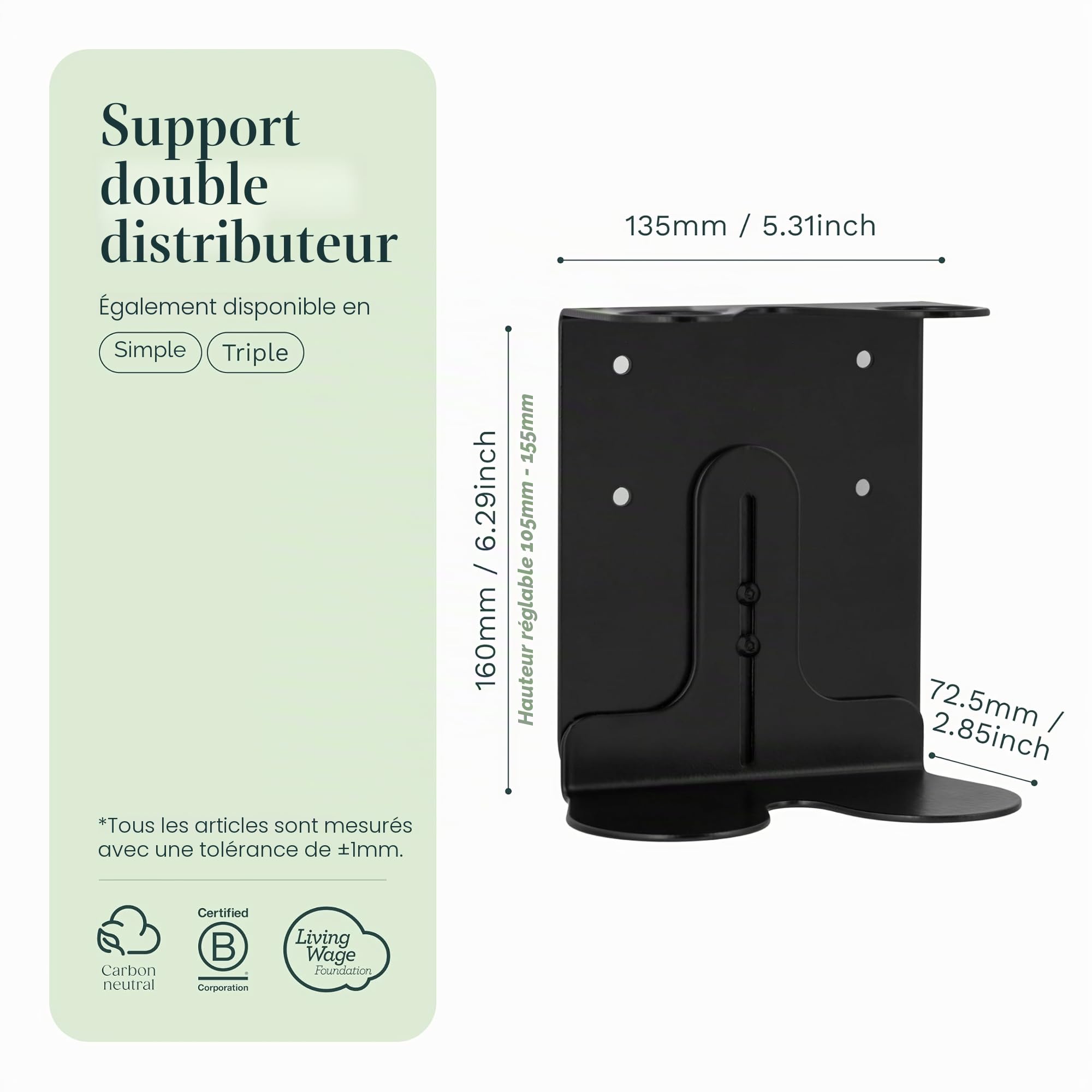 Support Mural pour Distributeur de Savon Noir Kuishi, Porte-Bouteille de Savon 250-500 ML, Double Noir, résistant à la Corrosion et aux Marques, décoration, Bouteilles Non incluses.