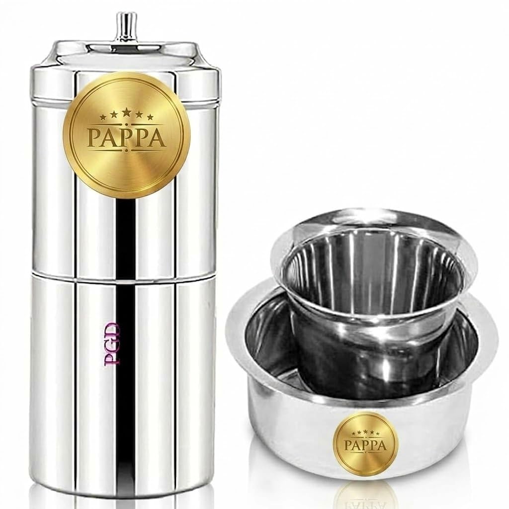 Pappa Traditional Stainless Steel South Indian filter coffee maker steel (50ml Drip Decoction) (Medium, with Dabra Set)-image-33