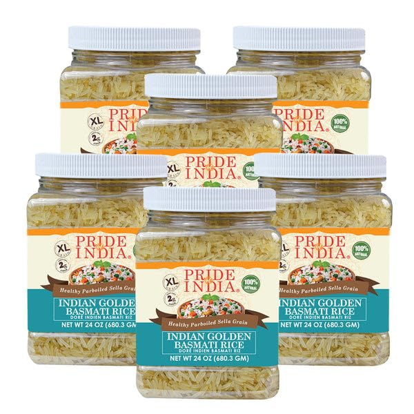 Pride Of IndiaPACK of 6 - Extra Long Indian Golden Basmati Rice - Healthy Parboiled Sella Grain, 1.5 Pound Jar