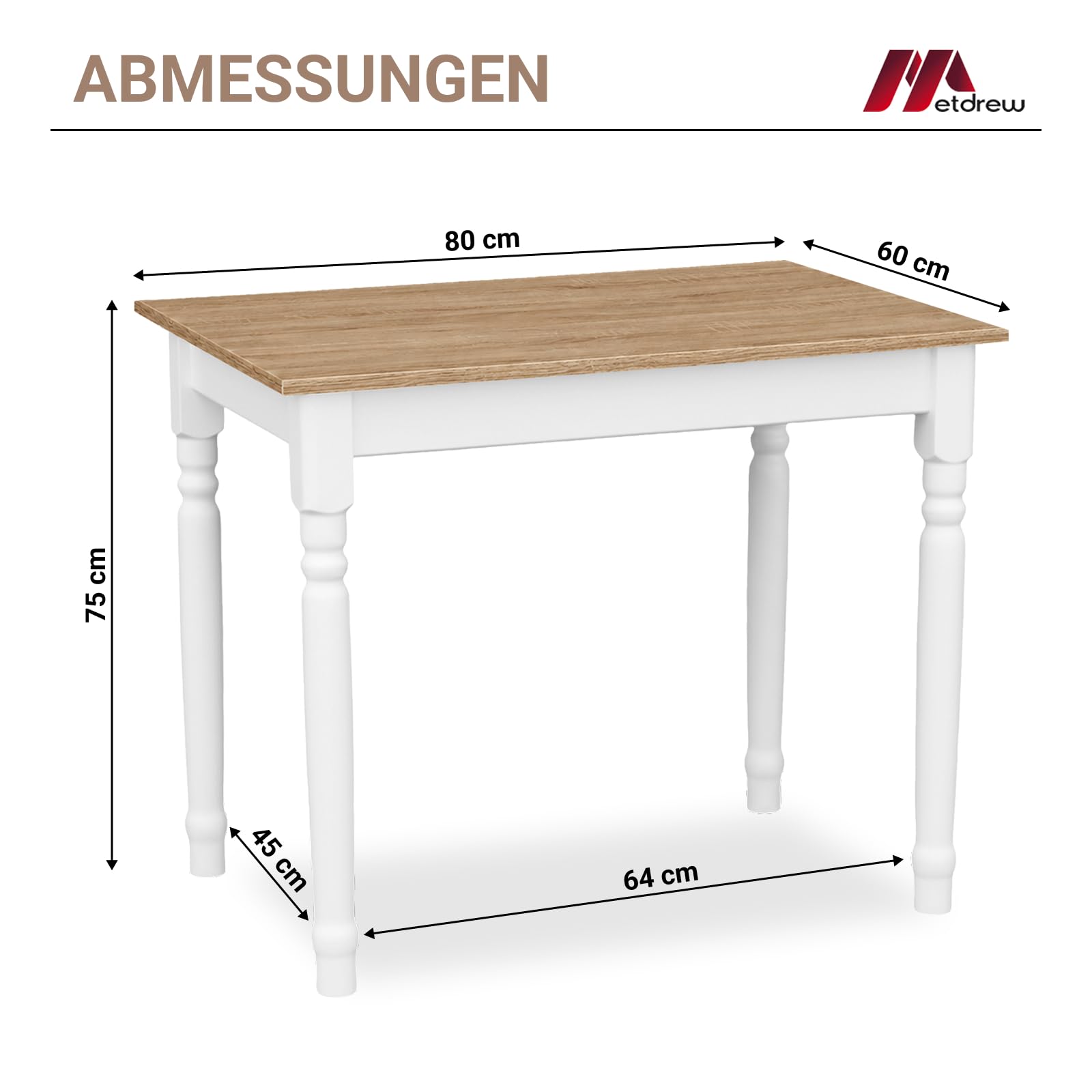 Esstisch aus Holz | Tisch 80x60 cm | Kompakt & stabil | Mit Zierbeinen | Für 2 Personen | Platzsparend für Küche | Skandinavisches Design | Weißer Küchentisch | Tischplatte: Craft Eiche Gold