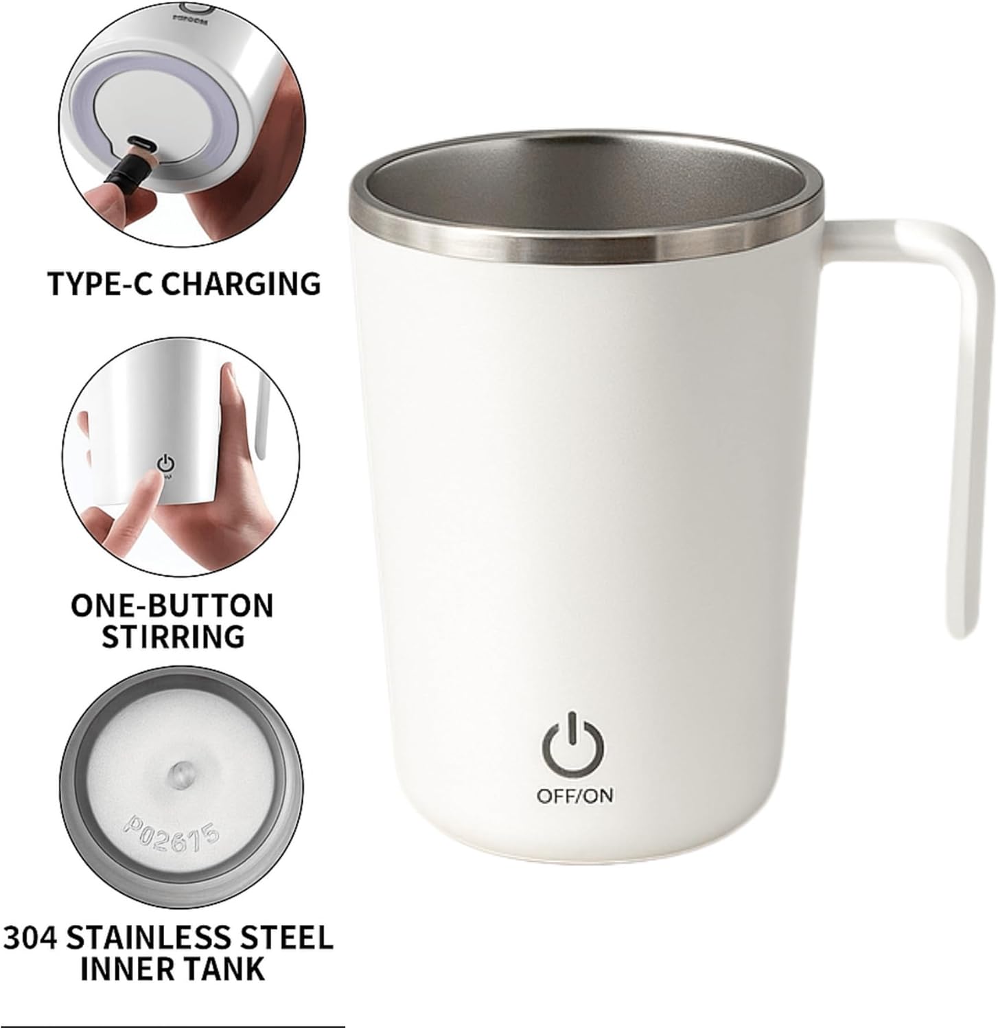 Self Stirring Coffee Mug – Electric Mixing Mug with Lid, Magnetic Stirrer, Auto Stirring Travel Cup for Hot Drinks, Office, Home (White) - Image 2