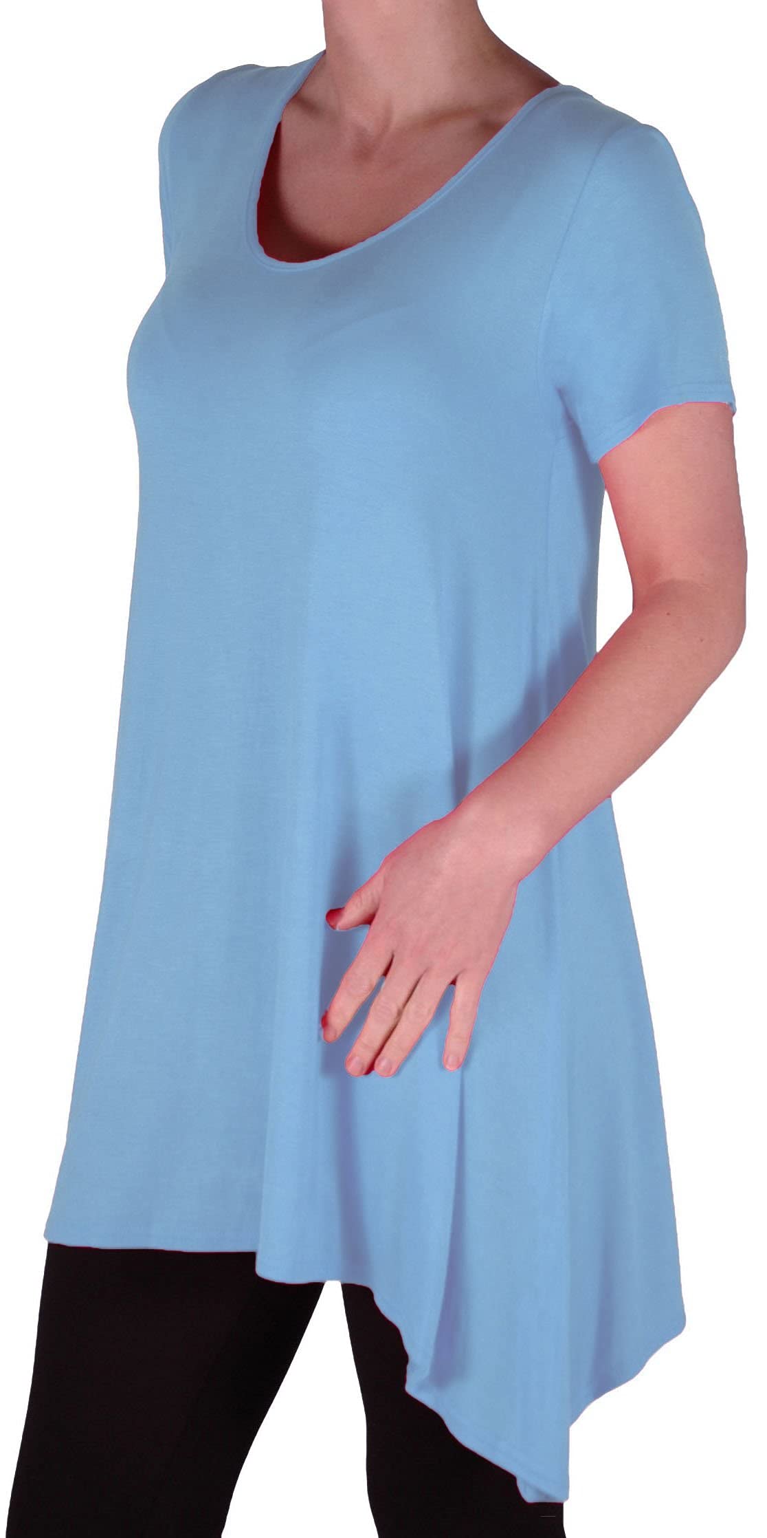 Eye Catch Women's Sky Blue - Geneva Casual Uneven Hem Short Sleeve Loose Plain T-Shirt Tunic Top Size 26-28