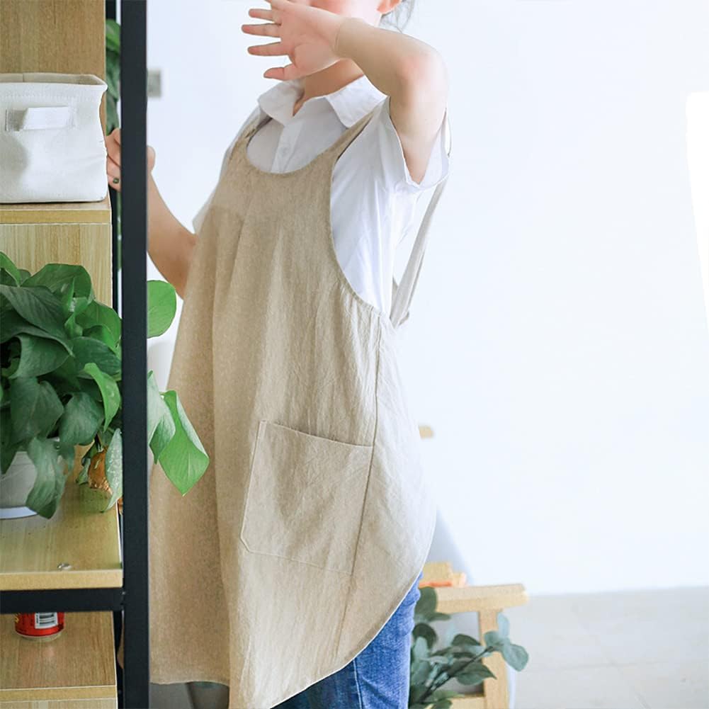 Tablier japonais croisé pour femme – Coton et lin avec poches – Confortable et pratique – Idéal pour cuisine, jardinage, café, vêtements de travail – Style élégant – Couleur : gris