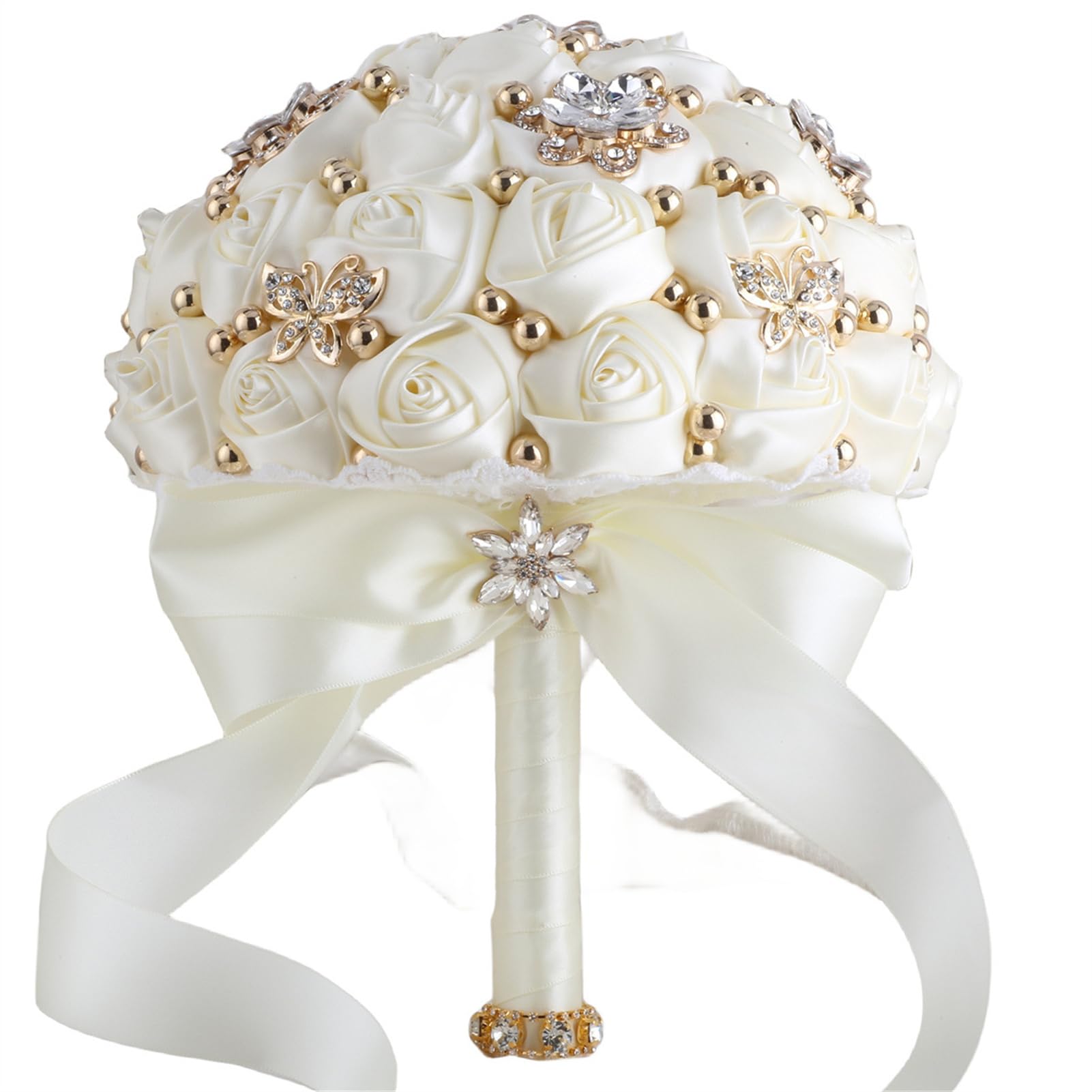 Ramo de rosas artificiales para novia, dama de honor, boda, quinceañera, ramo de rosas artificiales con broche brillante (66#marfil, grande (24 cm de diámetro)