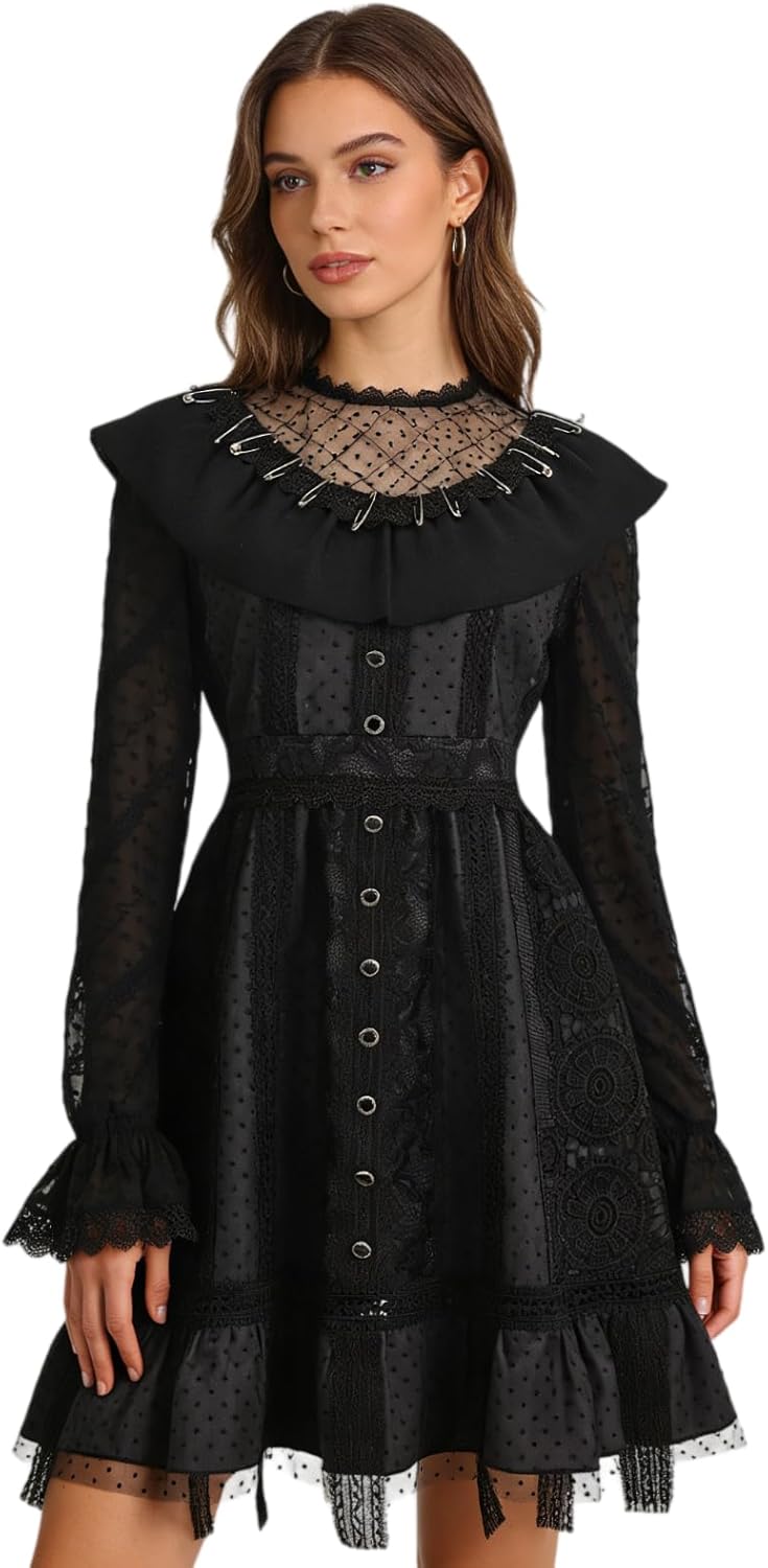 Women Costume Halloween Black Dress Long Sleeve Gothic Dress Outfits
