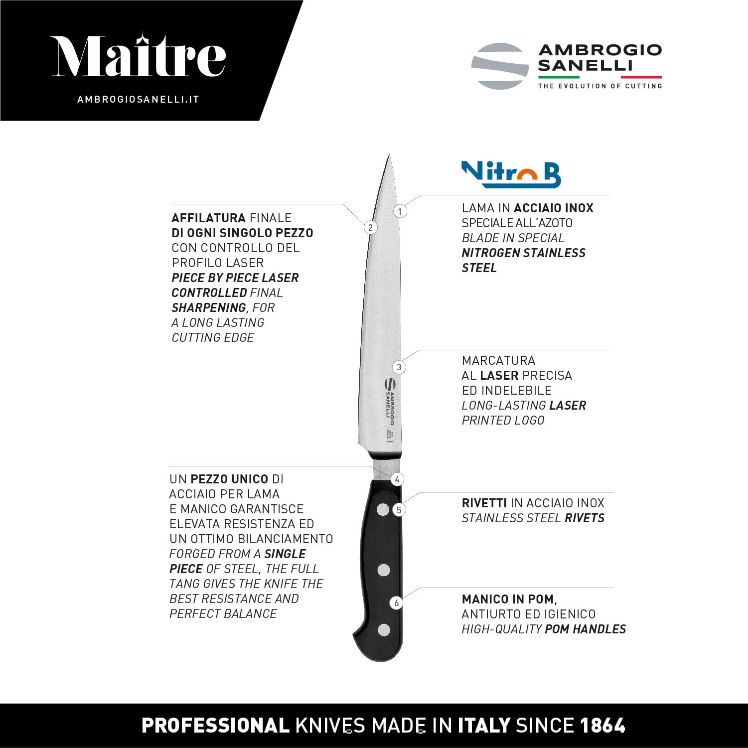 Ambrogio Sanelli, Maitre Coltello da Cucina per Sfilettare Pesce, Coltello con Lama Flessibile in Acciaio Inox all'Azoto 18 cm e Manico Ergonomico, Coltelli da Cucina Professionali, Made in Italy