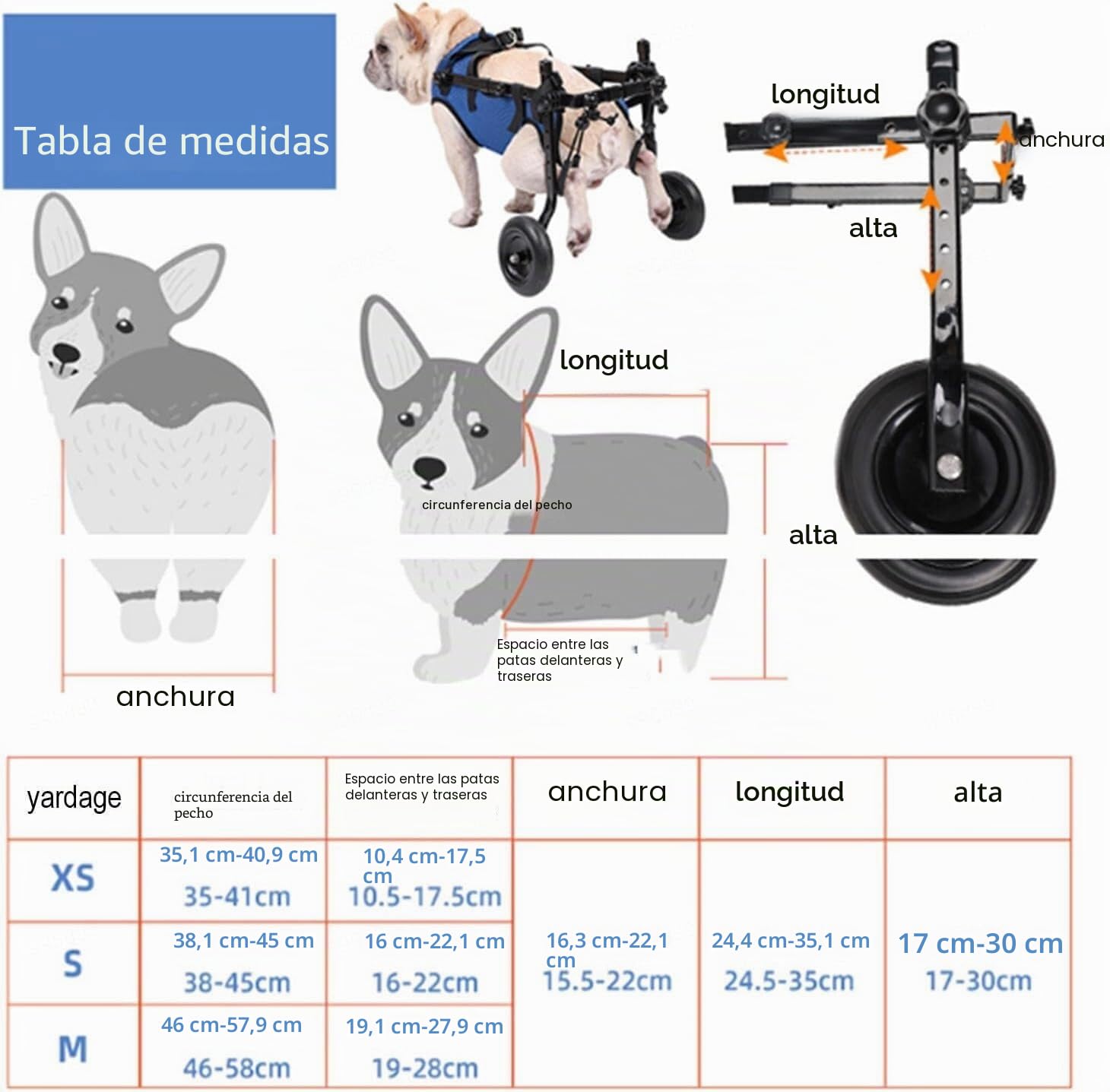 Silla de ruedas ligera para perros, carro para mascotas ajustable para patas traseras, carro de ayuda a la movilidad del perro con ruedas para cachorros lesionados con 5-8KG (M)