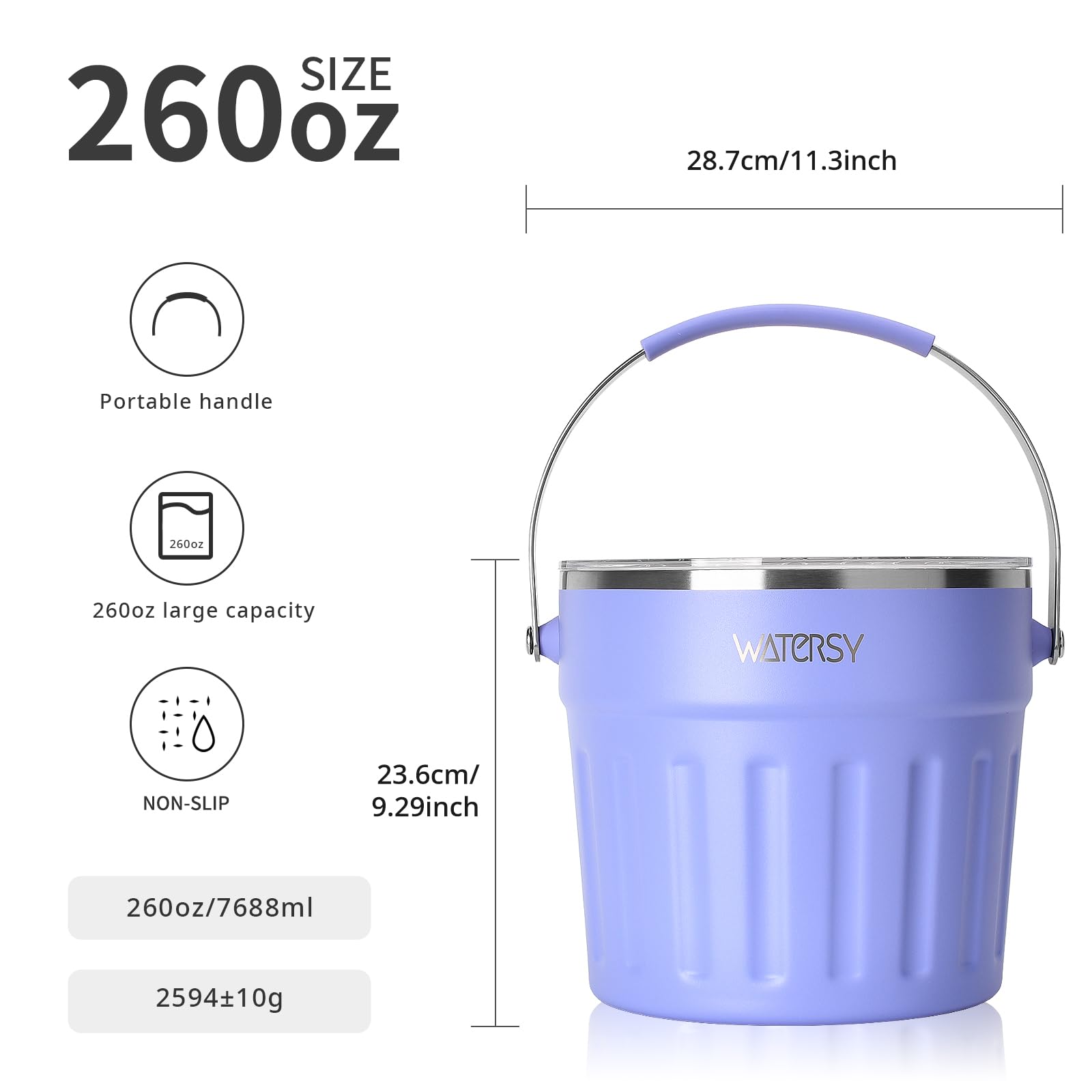 WATERSY de 7.6 L Cubitera con Tapa y Asa, Cubitera para Hielo Reutilizable Acero Inoxidable de Doble con Pinzas y Pala, para Cócteles, Whisky, Cerveza, Bares (Morado)