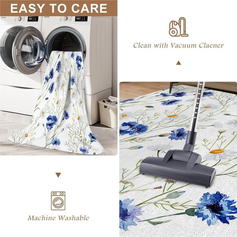 Miniatura 7 de Alfombra lavable de 6 x 9 pies, color azul, para dormitorio, sala de estar, estampado de flores, alfombra grande suave antideslizante, alfombra
