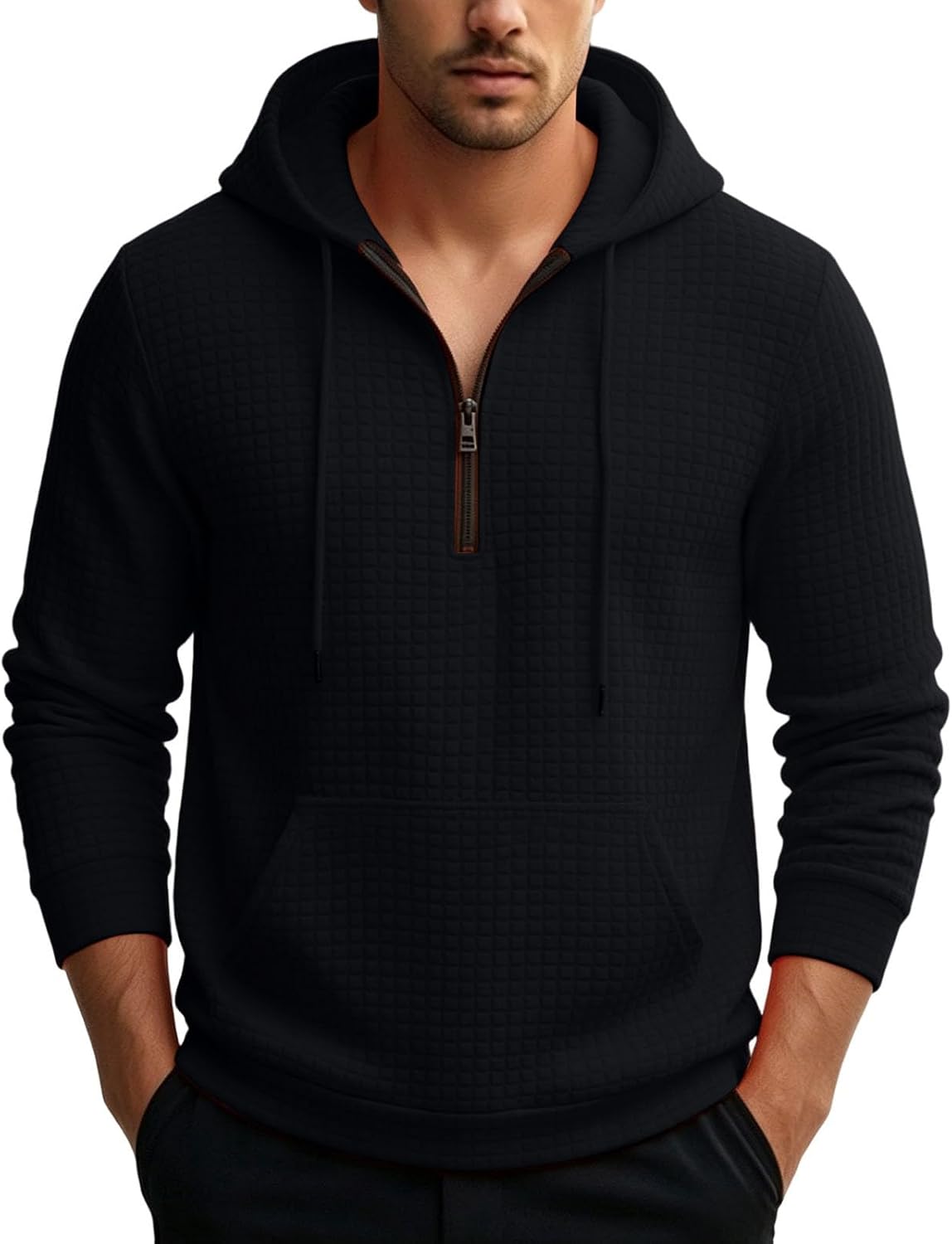 Mens Jacquard Hooded Sweatshirt Long Sleeve Quarter Zip Loose Hoodie Athletic Casual Fall Winter Top with Pocket