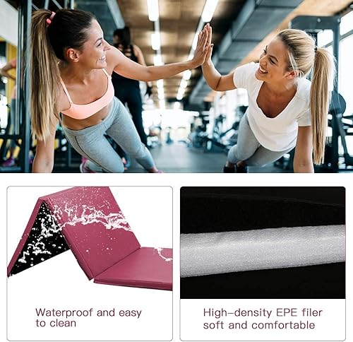 Miniatura 3 de Colchoneta de gimnasia para niños y adultos, plegable, extragruesa, con asa de transporte, 6 x 2 pies, antidesgarros, ligera, esterilla de ejercicio