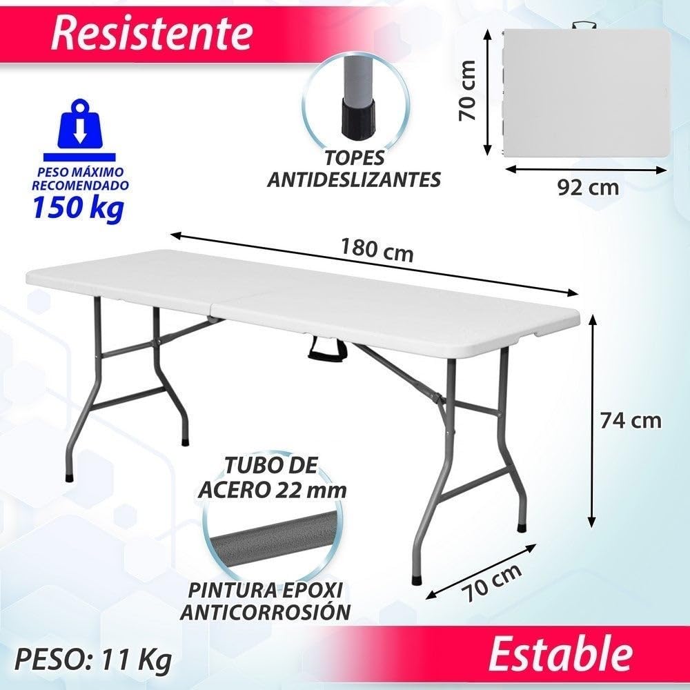 LOLAhome Mesa Plegable, de Acero Anticorrosión y HDPE (De 180x70x74 cm) | Resistente, fácil Transporte, fácil Montaje | Ideal Acampadas, Picnic, Catering, Jardín, Terraza
