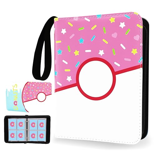 4 Pocket Card Binder 400 Card Holder Album, Pink Donut Trading Cards Holder Zipper Binder for Girl Teen Collection (Pink Donut, 400 Pocket) - Pink Donut - 400 Pocket