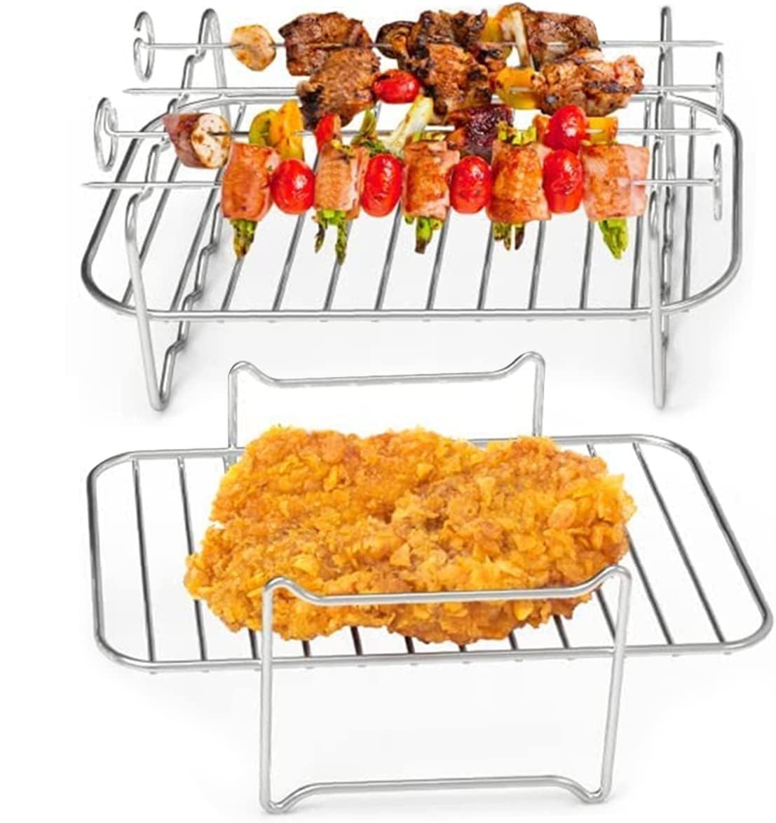 SZYYQ 2PCS Air Fryer Rack, Air Fryer Double Layer Rack, Multi-purpose Air Fryer Accessories, Stainless Steel Grilling Rack with 4 Skewers, Dual Air Fryer Rack for Barbecue, Roasting Oven, Air Fryer