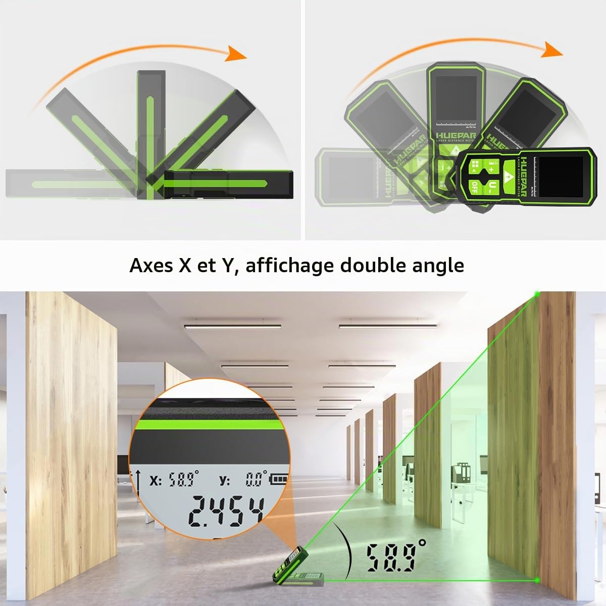 Télémètre Laser à Rayon Vert 60m, Huepar Digital Meter avec écran LCD, Batterie Rechargeable et Affichage à Deux Angles, Pythagore/Distance/Surface et Volume S60-G