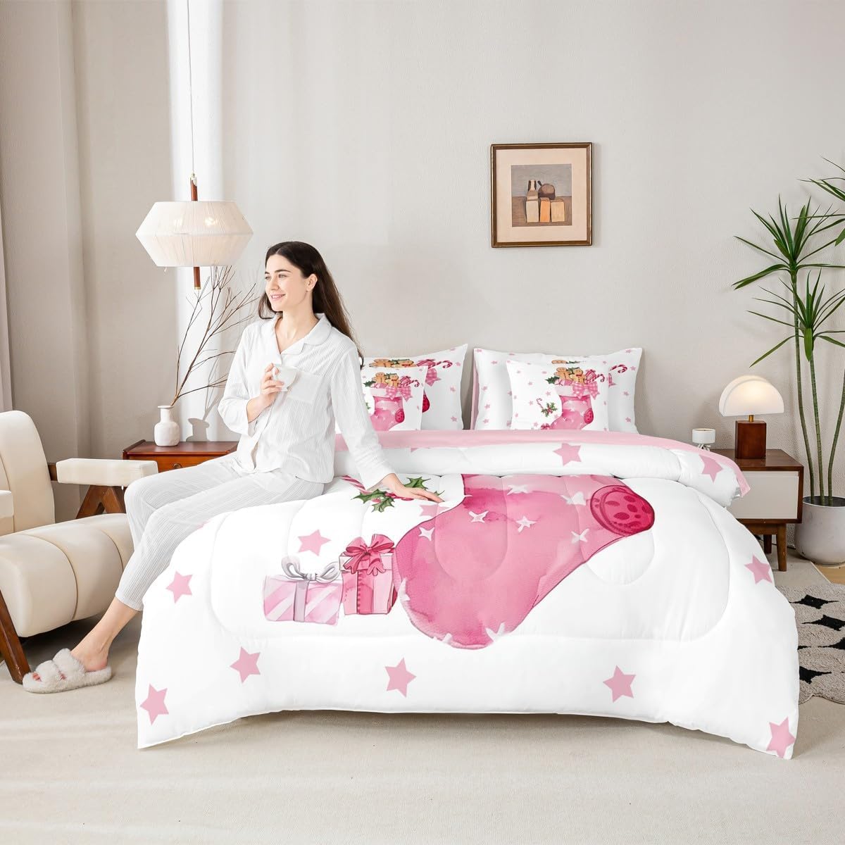 Erosebridal Christmas Stockings Queen Comforter Set Cute Gingerbread Man Bed in a Bag with Flat and Fitted Sheet Stars Candy Cane 7-Piece Bedding Set Xmas Ornaments Quilt Duvet Sets