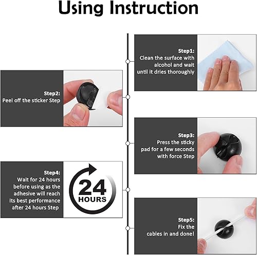 Miniatura 5 de Bewudy 12 clips para cables, soporte para cable para mesita de noche, organizador de cables adhesivos, soportes para cables de datos para mesita de