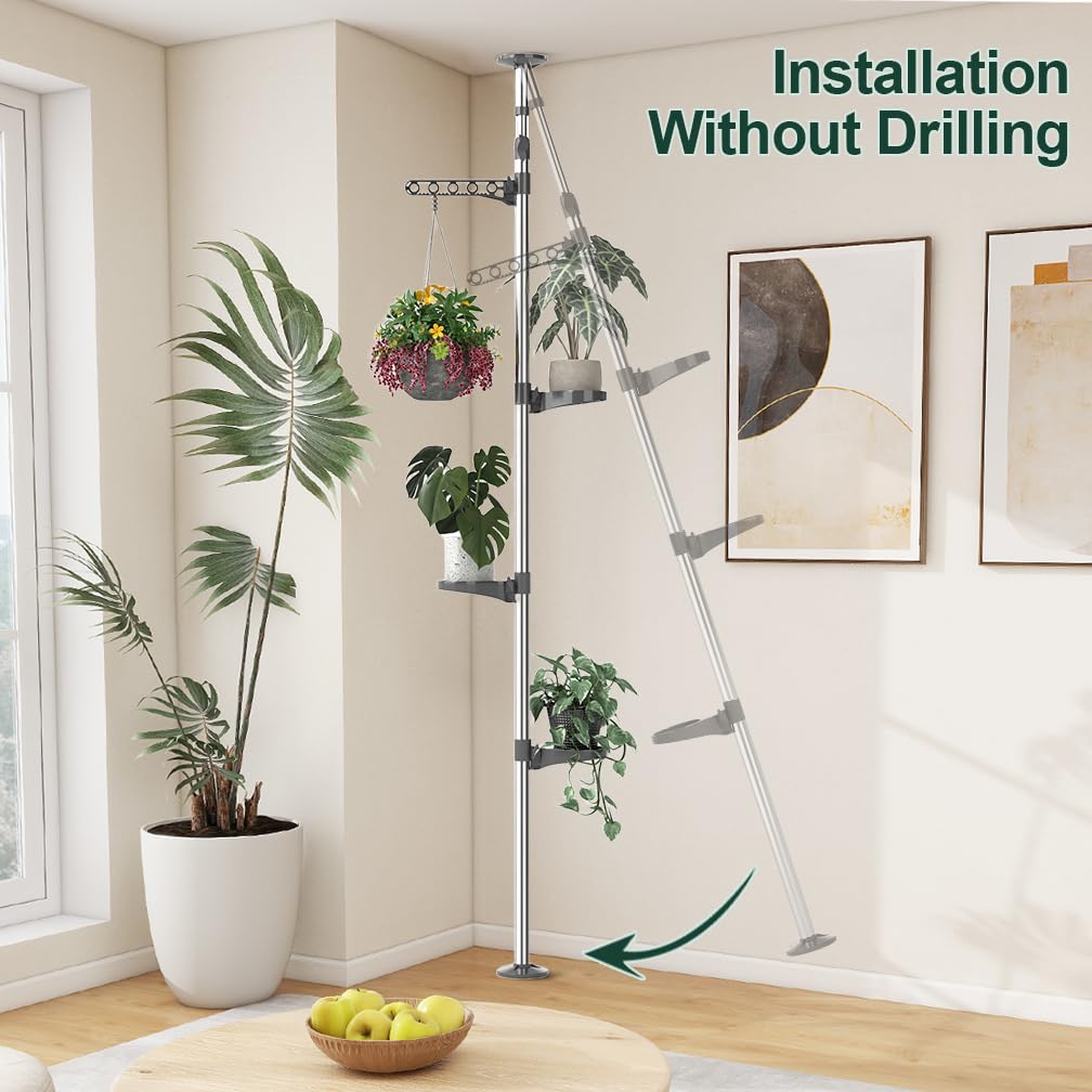 Amazon.com : Hershii Indoor Plant Stand Pole Tension Rod Corner Standing  Shelf Adjustable Flower Pots Holder Display Rack with 1 Hook & 3 Trays -  Grey : Patio, Lawn & Garden