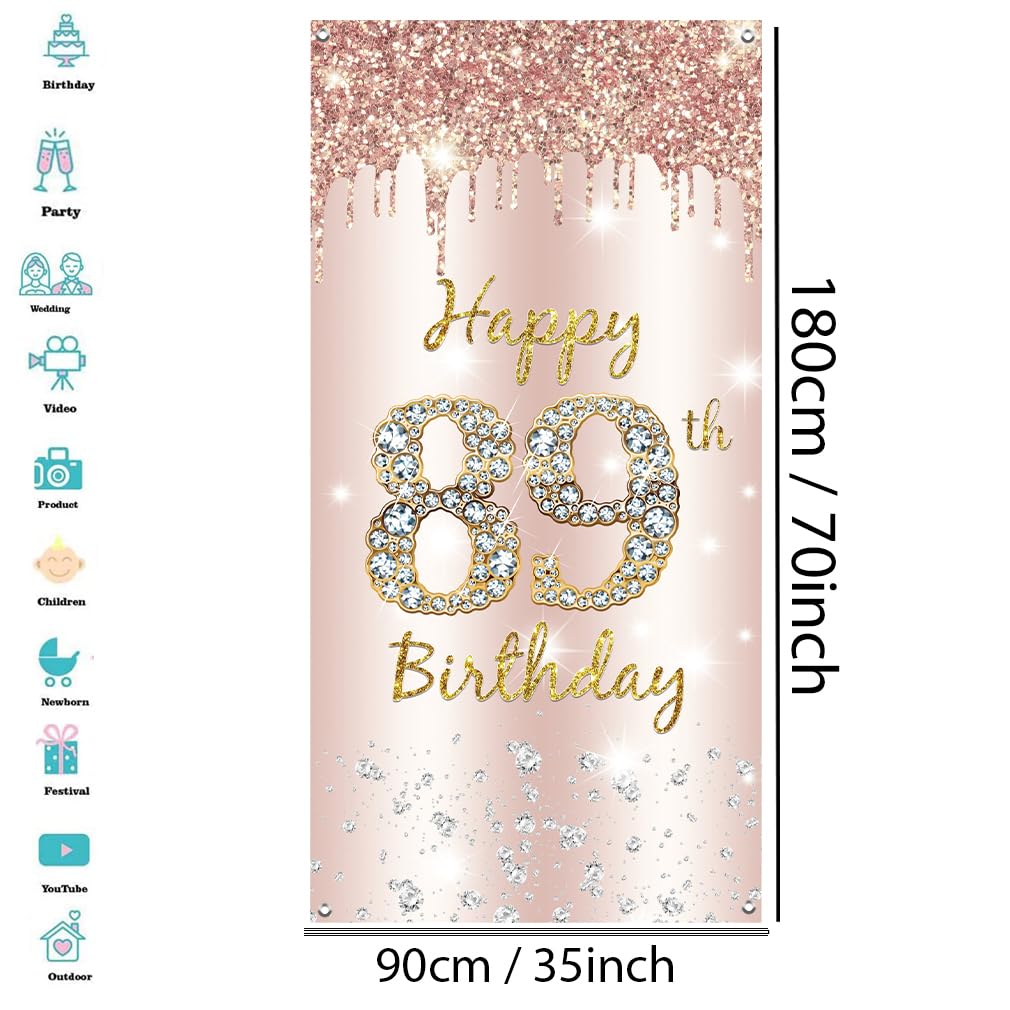 89. urodziny dekoracja damska, Happy 89th Birthday Door Banner różowe złoto, 89. urodziny tkanina tabliczka plakat dekoracja drzwi, 89. urodziny tło baner damski, przyjęcie urodzinowe tabliczka
