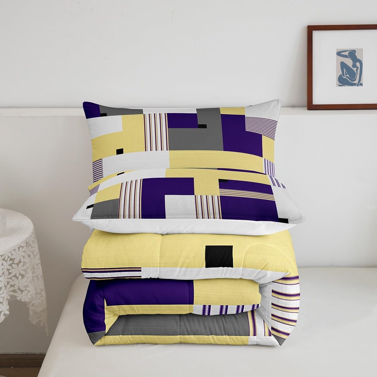 Feelyou Geometric Comforter Set Queen Size Purple Yellow Gray Comforter for Boys Girls Teens Rectangle Square Bedding Set Modern Abstract Art Duvet Set Room Decor Quilt Set