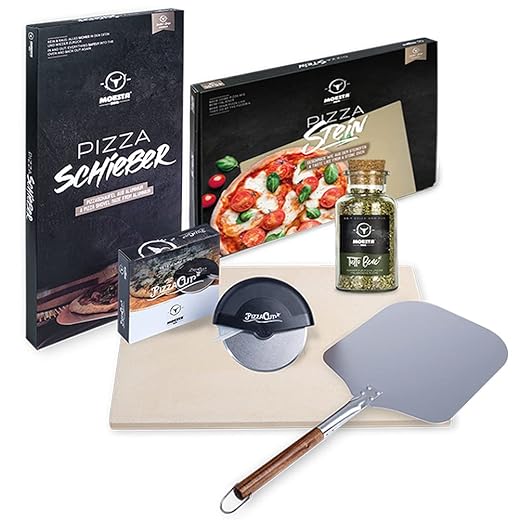 MOESTA-BBQ 10596 - Pizza Home-Kit für Küche/Backofen – Set 4.tlg: Pizza-Stein, Pizza-Rad, Pizza-Schieber, Pizza-Gewürz
