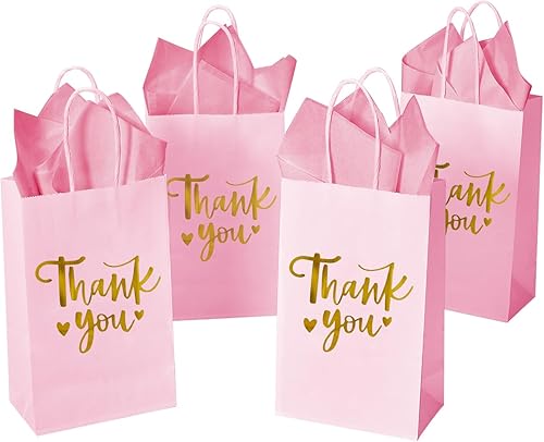 DjinnGlory Paquete de 50 bolsas de regalo pequeñas de papel de agradecimiento rosa y dorado con asas de 9 x 5.5 x 3.15 pulgadas y 50 papel de seda