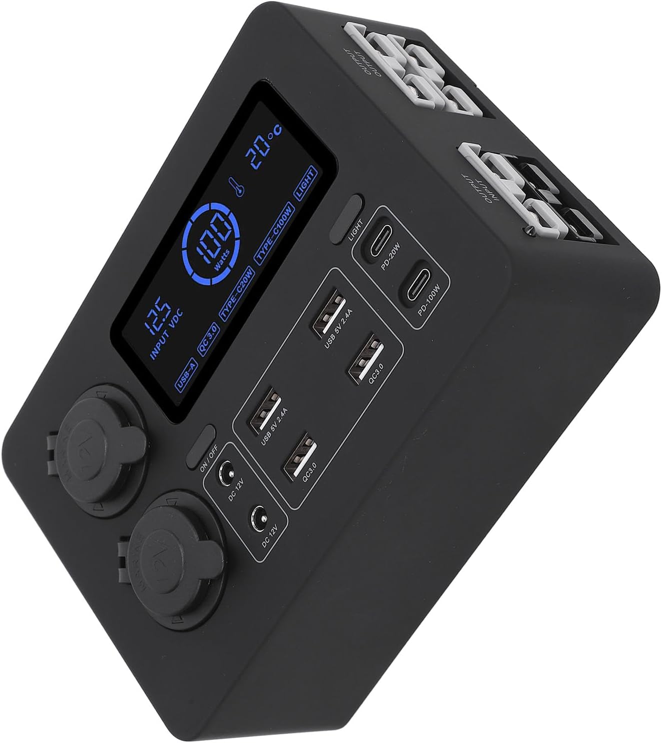 12V Mini Power Box 100W LCD Display USB C QC3.0 Port with 4 Anderson Outlets for Boat RV Car Outdoor Power Hub