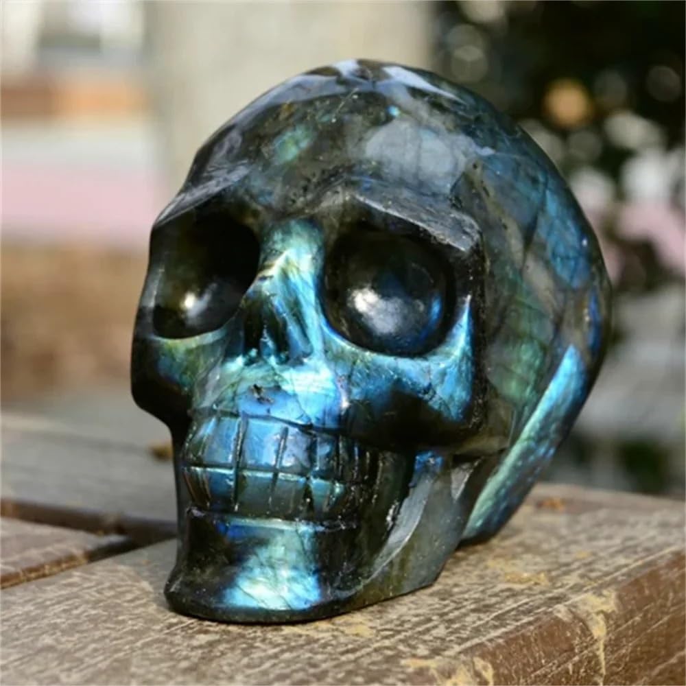 AARTERZZA 1pc 8cm Special Labradorite Skull Stone - Bohemian Style Hand-Carved Crystal with Iridescent Blue, Green, Purple & Yellow Play