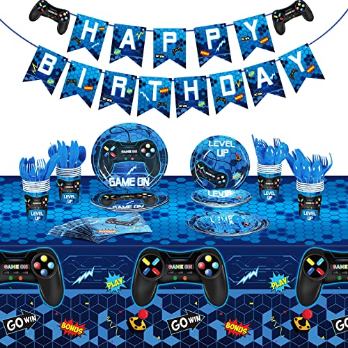 172 Pieces Video Game Party Decoration Set Game Happy Birthday Banner Gamer Party Supplies Plastic Tablecloth Paper Plates Tableware for Boy Girl Player Birthday Party Pack, Serving 24 Guests (Blue)