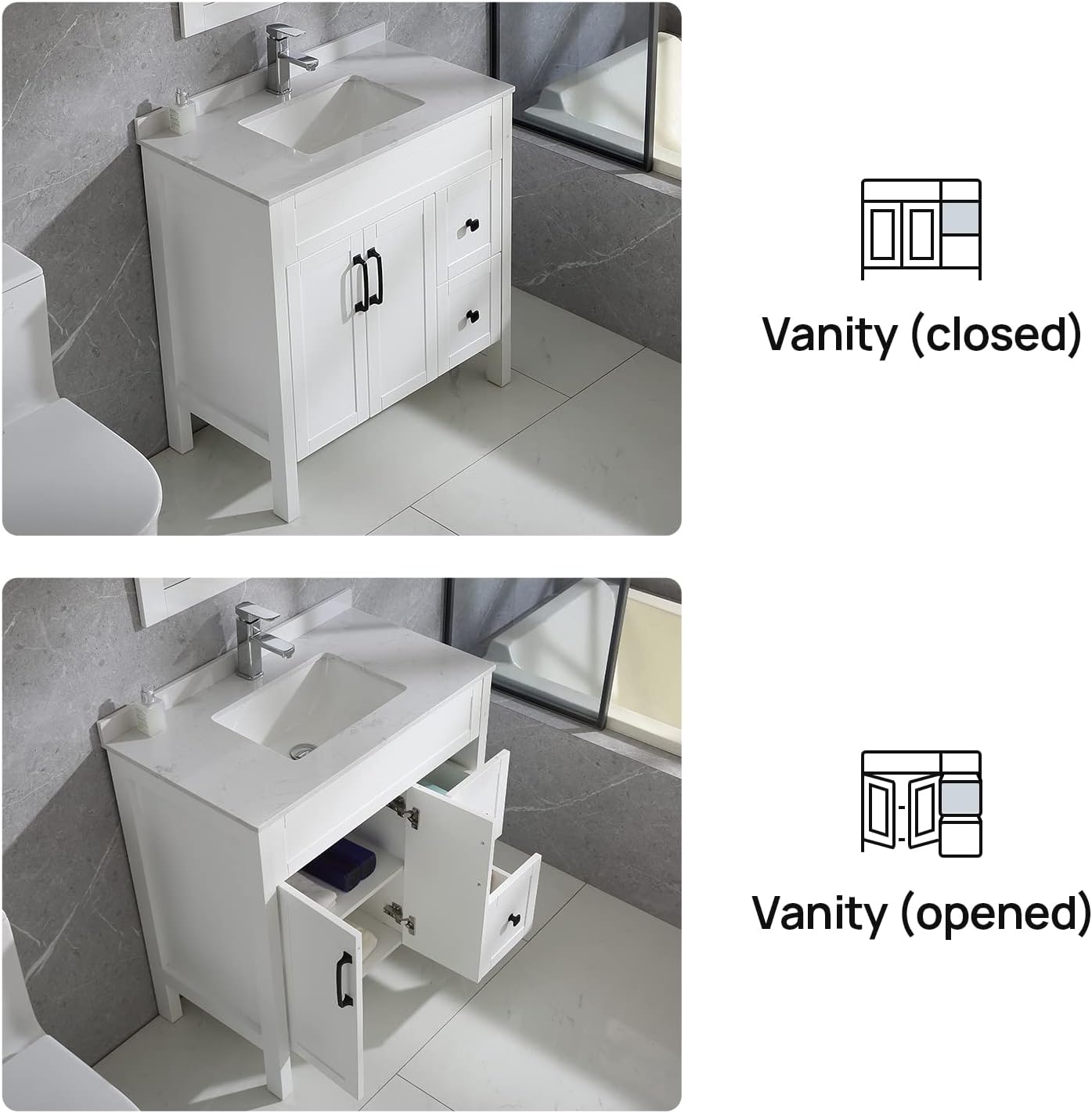 wonline 32" Bathroom Vanity Cabinet and Man-Made Stone Countertop Combo Undermount Ceramic Vessel Sink Chorme Faucet Drain with Mirror Vanities Set White