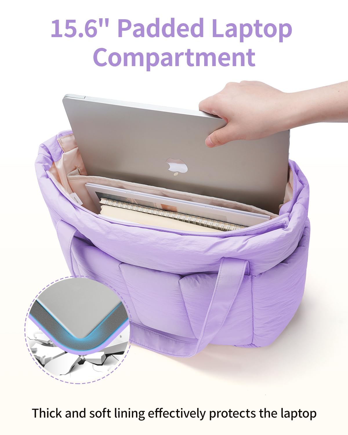Narwey Bolso Tote Mujer Acolchado Grande, Puffer Tote Bag de Trabajo y Deporte con Cremallera y Compartimentos para Portátil, Bolso de Mano y Hombro Ligero para Escuela, Universidad y Viaje (Violeta)