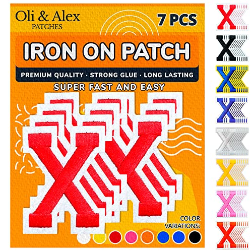 Oli and Alex Iron On Letters 2.4 inch - 7 pcs of X Red Patches Letters for Clothing - Super Glue - No sew Needed - Embroidery Alphabet Football Team School University - Red, X