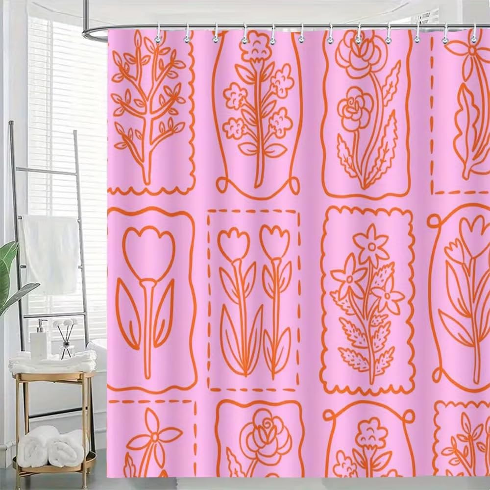 GFRYIIO Pink Floral Shower Curtain Modern Minimalist Botanical Print Waterproof Polyester Grommet Top Machine Washable for Home & Hotel Bathrooms 120x180cm/47x71in(WxH)
