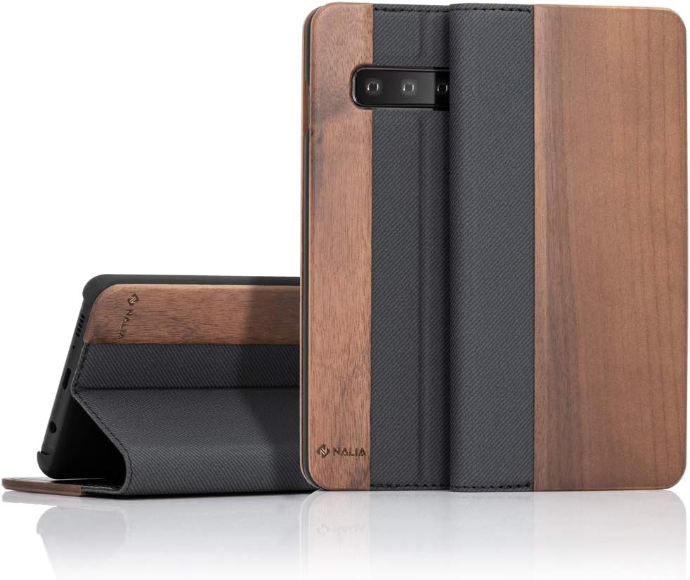 NALIA Wood Flip Case compatible with Samsung Galaxy S10, Handmade Leatherette Wallet Smart-Phone Book Cover Slim Back & Front Protector, Full-Body Shockproof Bumper with Card Slots, Color:Walnut