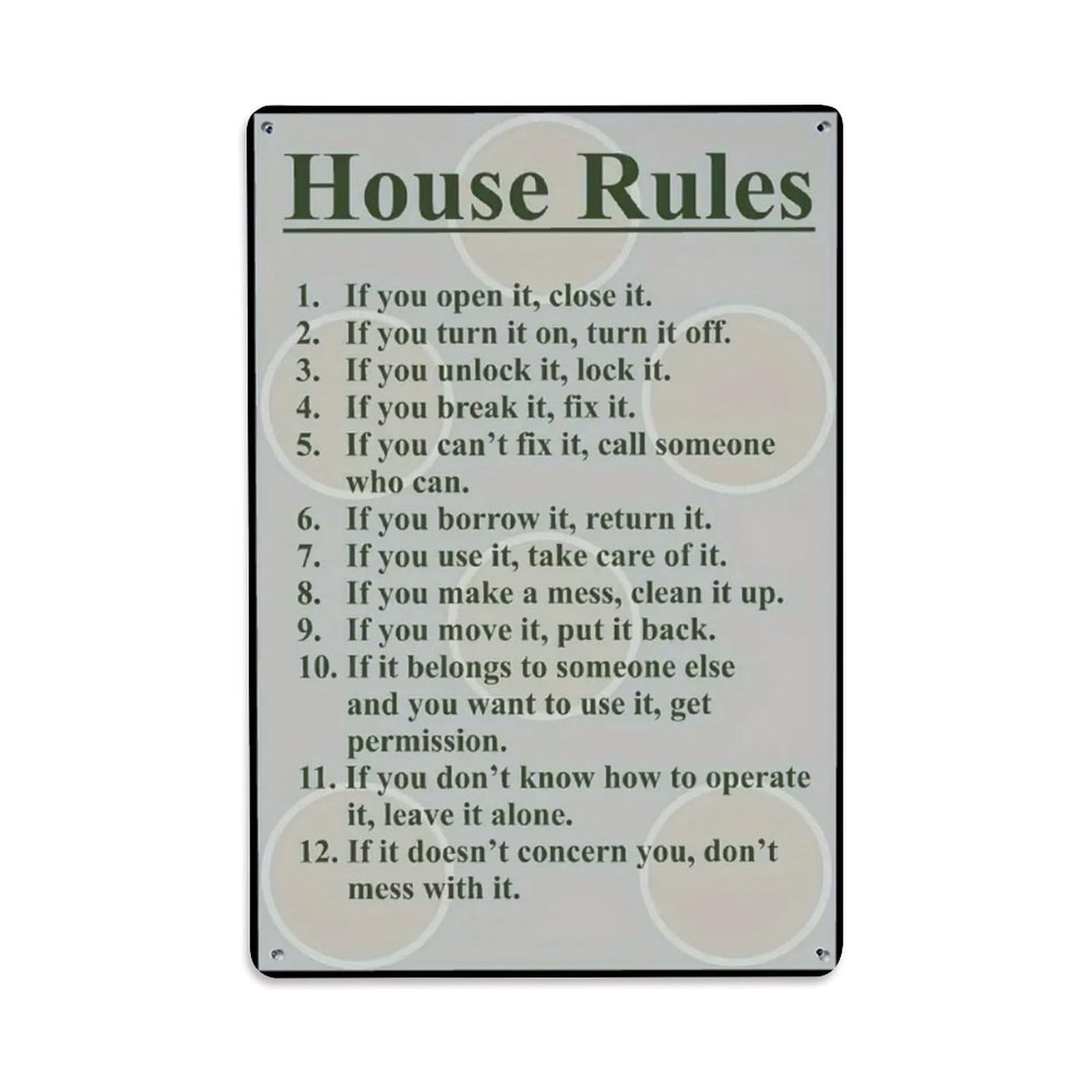 Rkundrne Vintage House Rules Funny Metal Tin Sign Garden Bedroom Cafe Bar Man Cave Home Wall Decor Metal Poster 8X12 In