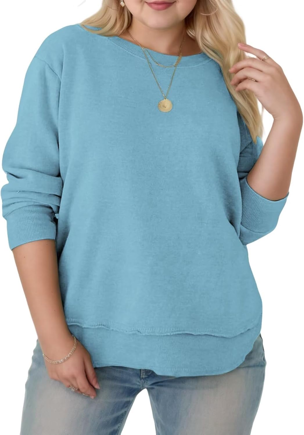 DOLNINE Plus-Size-Sweatshirts for Women Casual Crewneck Shirts Long Sleeve Side Split Tunic Tops Loose Fit Pullover